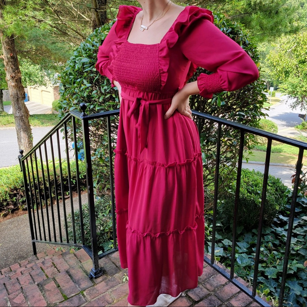 Long Sleeve Smocked Waist Midi Dress New ruffle dress pink red dress